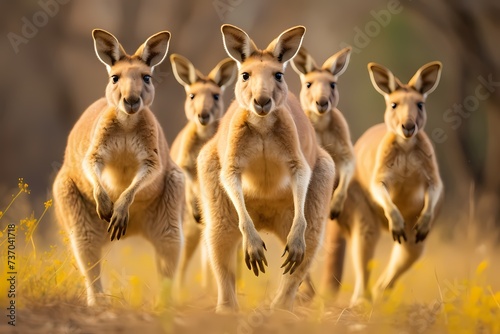 A group of energetic kangaroos, captured mid-hop, against a vibrant green background.