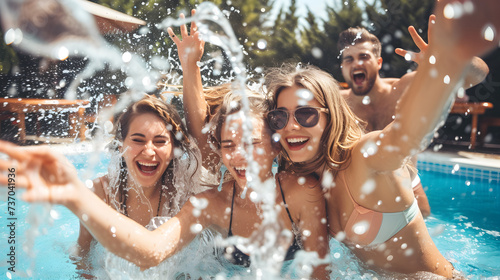 Friends having party and dancing in a swimming pool.