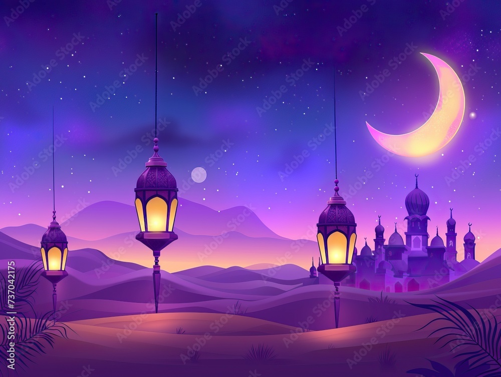 A night scene captured as two lanterns illuminate the darkness, drawing attention to the enchanting crescent moon hanging gracefully in the sky.