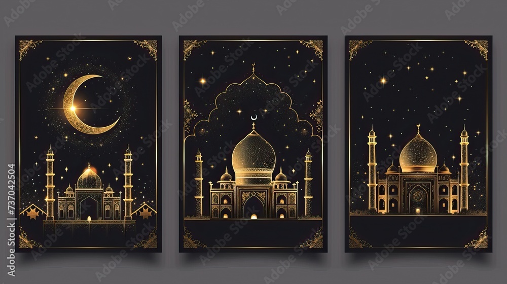 A trio of breathtaking paintings showcasing the serene beauty and grandeur of mosques.