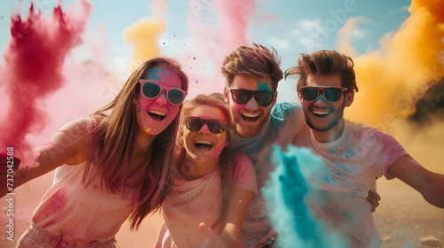 happy people in colorful holi paint play on festive event