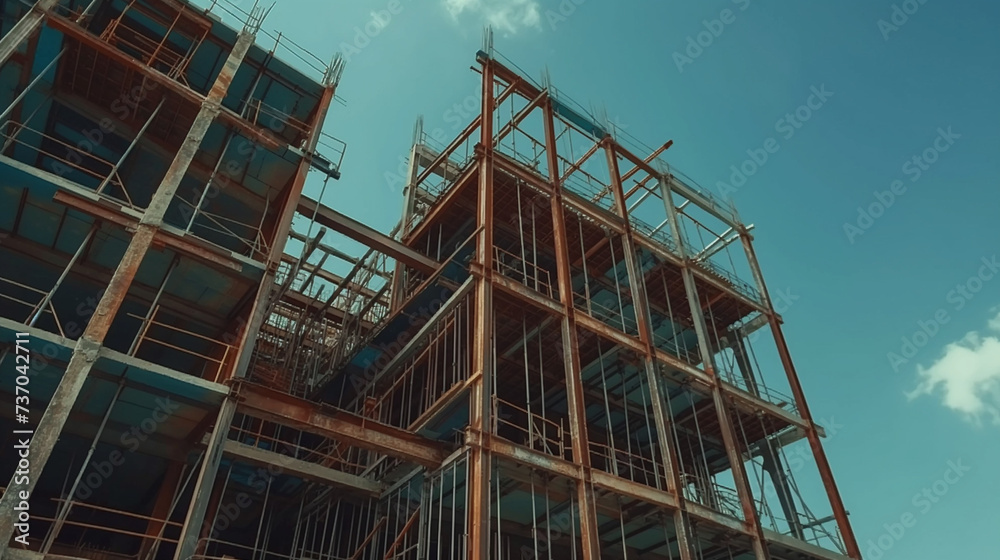 Emerging structural skeleton of a modern building with intricate metal scaffolding against a clear blue sky, showcasing urban development and architectural progress.