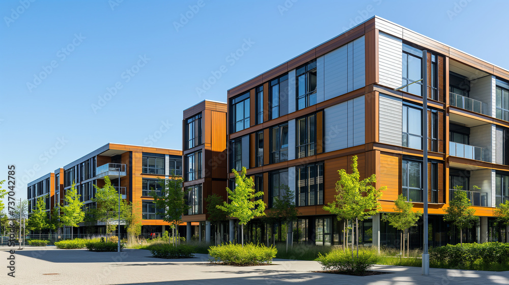 Eco-friendly modern office building with a dynamic metal frame facade, incorporating large windows and warm wood panels, set in a landscaped urban environment.