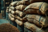 A stack of bags filled with coffee beans, a staple food