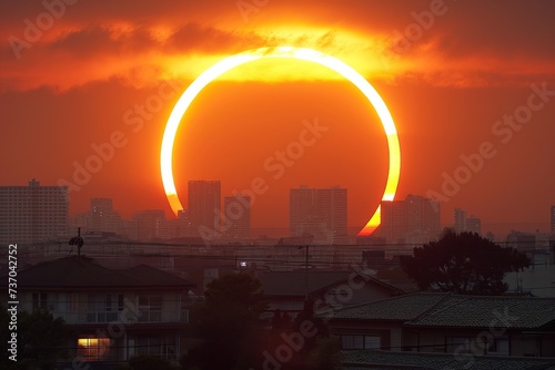 The sun is seen setting over a city, creating a ring of fire in the sky.
