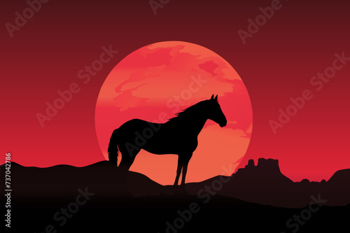 A horses silhouette stands in front of a full moon  creating a striking contrast against the dark night sky.