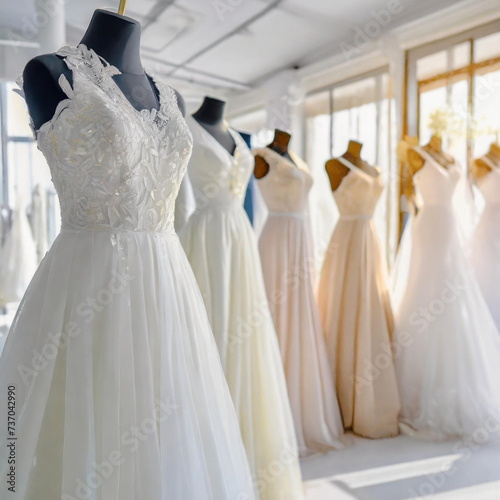 A collection of different style wedding dresses showcases diverse styles in bridal boutique
