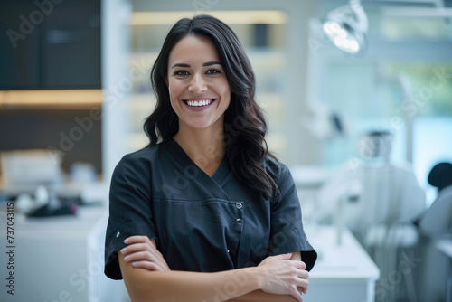 Beautiful and confident Caucasian female dentist with a friendly smile standing inside a blurry modern clinic