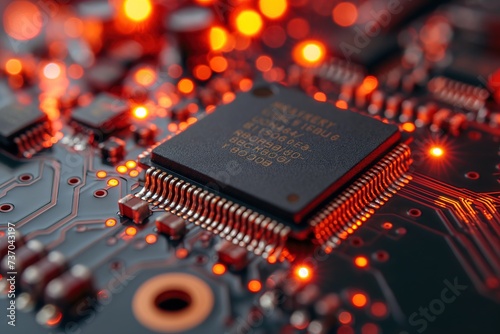 A detailed view of a computer chip featuring a cluster of red lights.