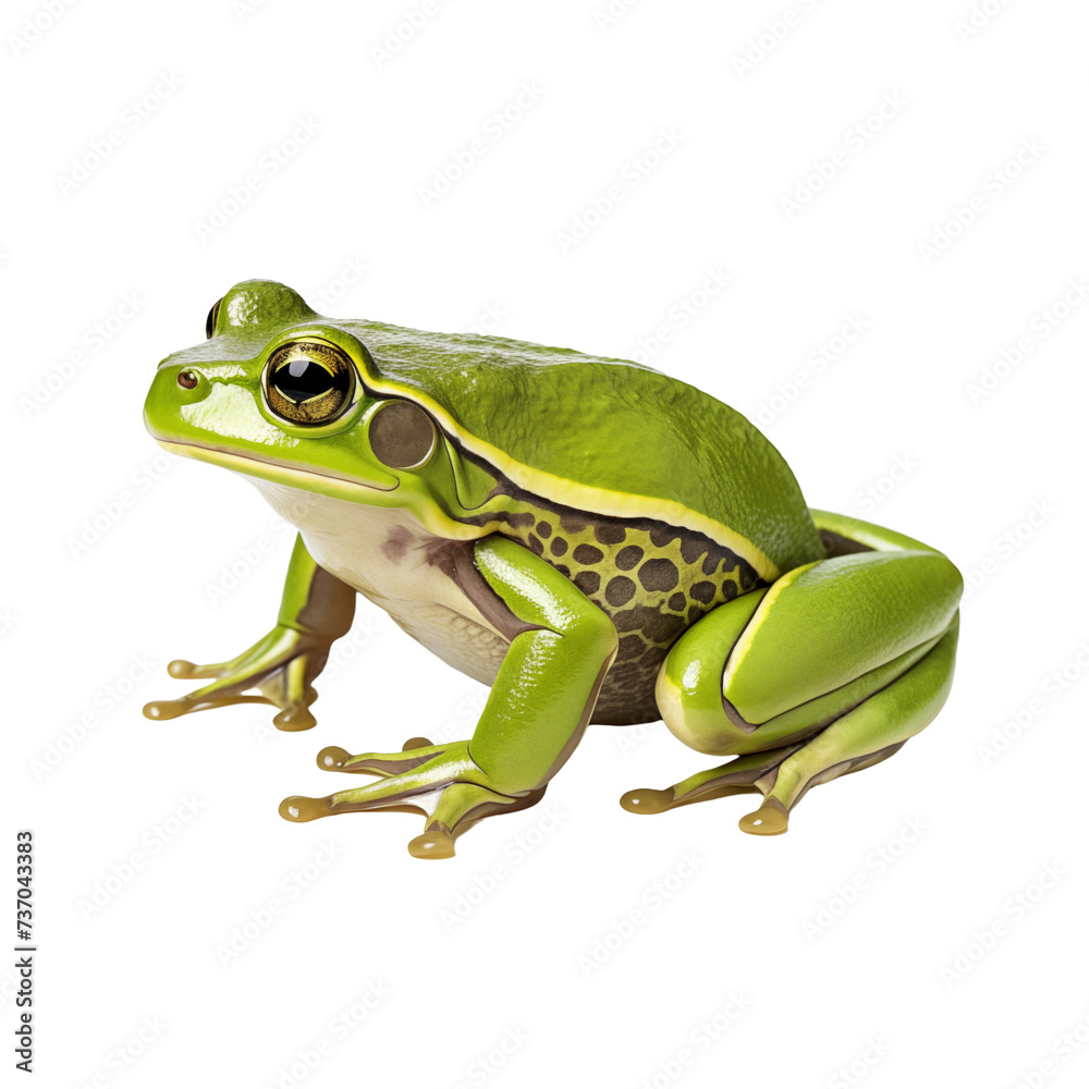 Naklejka premium Green tree frog isolated on white and transparent background. Ideal for use in advertising. Generative ai