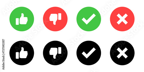 Like and dislike icons. Different styles, colors, thumbs up and down, checkmark and cross, like and dislike icons. Vector icons photo