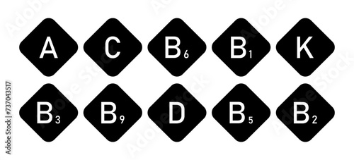 Different vitamins icons. Silhouette, black, vitamins in a diamond, vitamins A, C, B6, B1, K, B3, B9, D, B5, B2. Vector icons