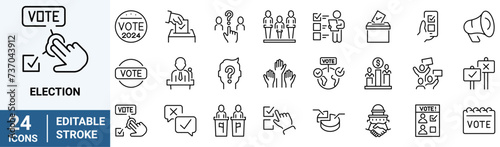 Election web line icons. Politics and diplomacy. Voting Related Vector Line Icons. Raising Hands, Electronic voting and more. Editable Stroke
