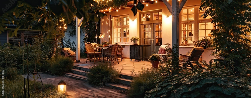Summer evening on the porch of beautiful suburban house with lanterns in the garden,
