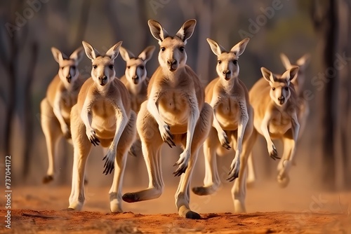 A group of kangaroos hopping across the Australian outback, their powerful hind legs propelling them effortlessly through the vast landscape.