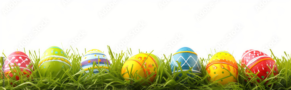 colorful Easter eggs lying in lush grass. Banner white background. pastel Easter eggs in grass with room for text. Row of Easter Eggs on Fresh Green Grass. Easter holidays