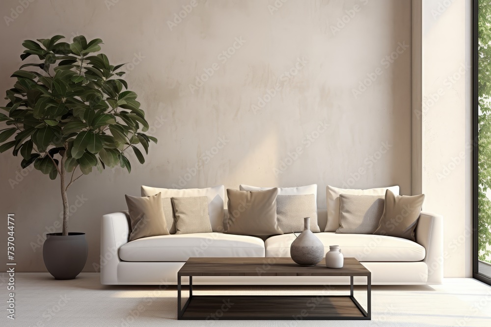 Minimalistic living room interior design with black poster mockup frame on the wall Minimalistic living room interior design with black poster mockup frame on the wall