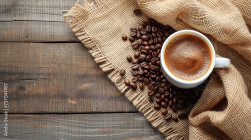 Cup of coffee and coffee beans on wooden background. Copy space for text, top view