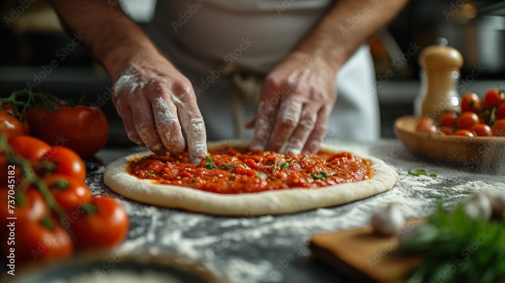 Dynamic and engaging scene of a skilled chef spreading rich tomato sauce on dough, meticulously preparing the foundation for a delectable pizza