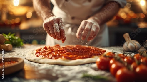 Dynamic and engaging scene of a skilled chef spreading rich tomato sauce on dough, meticulously preparing the foundation for a delectable pizza photo