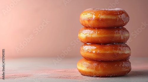 Homemade donuts with chocolate and sugar on a pastel pink background, side view.