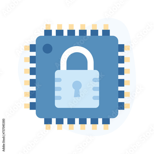 Padlock with microprocessor showing flat icon of secure processor