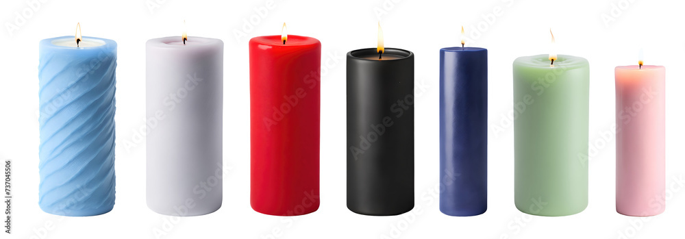 Set of various beautiful wax pillar candles in different colours isolated on transparent background. Generative AI Set of various beautiful wax pillar candles in different colours isolated on transparent background. Generative AI