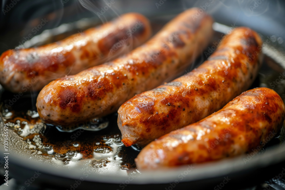 Fried sausage in a frying pan with herbs and spices parsley and rosemary on gray concrete surface background, top view. Grilled sausage in a frying pan on the table. Fried sausage in a frying pan with herbs and spices parsley and rosemary on gray concrete surface background, top view. Grilled sausage in a frying pan on the table.