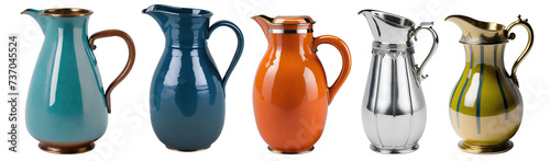 Set of various beautiful antique vintage jugs isolated on transparent background. Generative AI photo