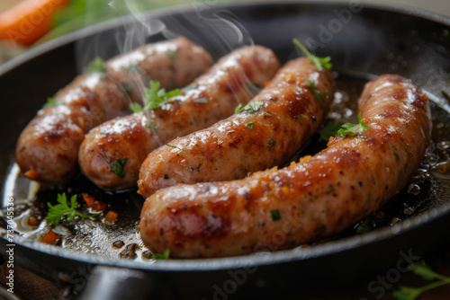 Fried sausage in a frying pan with herbs and spices parsley and rosemary on gray concrete surface background, top view. Grilled sausage in a frying pan on the table.