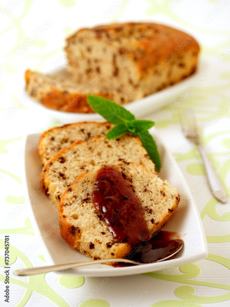 Sponge cake with chocolate chunks., Sponge cake with chocolate chunks.,