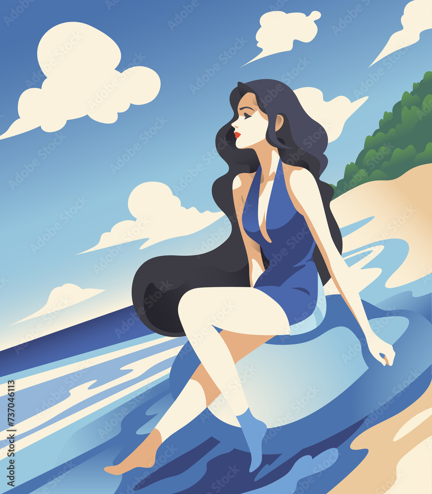 A beautiful girl in a one-piece swimsuit sits on a stone by the sea. Sea beach. Girl with long hair. Flat minimal retro vector. Vintage character illustration. Pop art style.