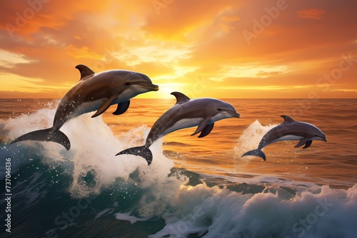 A group of playful dolphins riding the waves, their acrobatic leaps and flips showcasing their joyful nature.