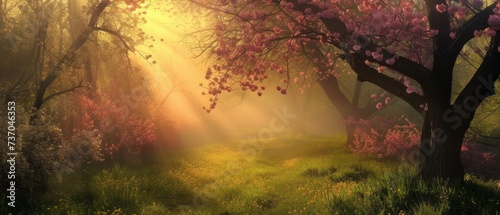 Magical spring sunrise in blooming forest #737046353