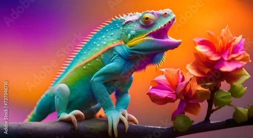 colorful iguana on flower branch photo
