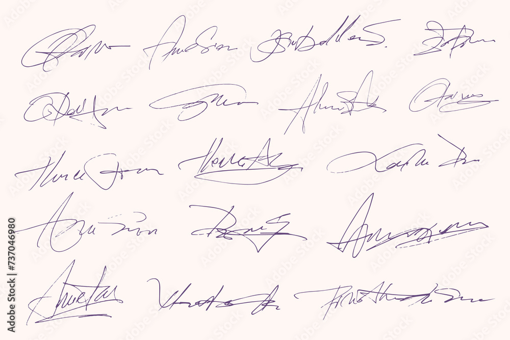 Signatures set. Fictitious handwritten signatures for signing documents on white background - obrazy, fototapety, plakaty 