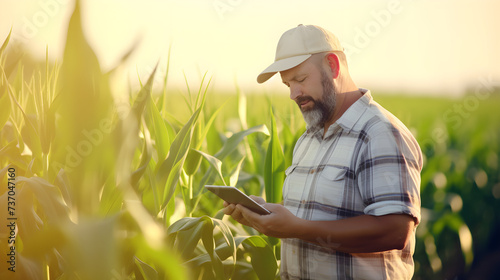 Farmer or agronomist examine green soybean plants in field and man wearing hat 
 photo