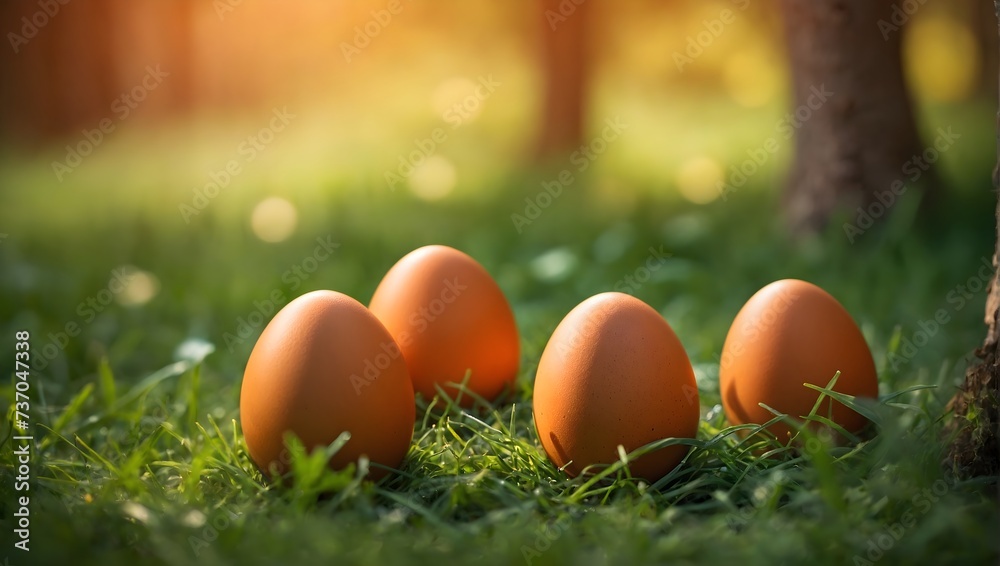 Happy Easter Day. Easter eggs sitting on top of a lush green grass, next to a forest in a beautiful spring morning. Happy Easter Day. Easter eggs sitting on top of a lush green grass, next to a forest in a beautiful spring morning.
