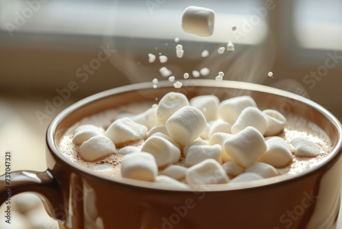 Dark hot chocolate drink. selective focus. A Cup of hot cocoa or coffee with marshmallows sprinkled with cinnamon spices on a braun background. Small airy meringues are scattered nearby. Copy space.