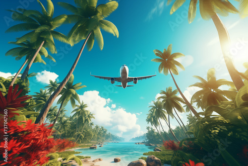 Travel by plane in a tropical destination, illustration generated by ai