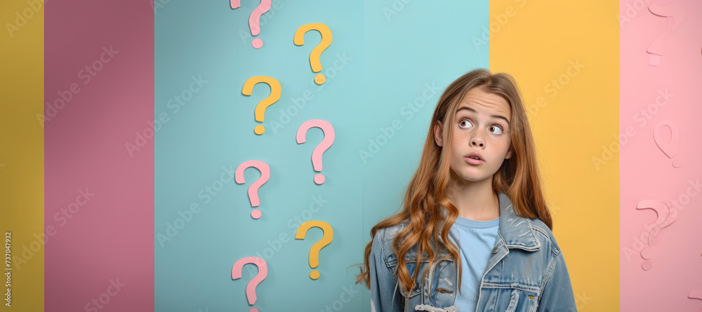 Puzzled pensive young girl with question marks. Young woman in a thoughtful pose with colorful question marks. Thinking woman isolated on multi color wall background Puzzled pensive young girl with question marks. Young woman in a thoughtful pose with colorful question marks. Thinking woman isolated on multi color wall background