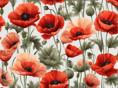 a collection of grunge oil painted poppies flowers isolated on a transparent background,