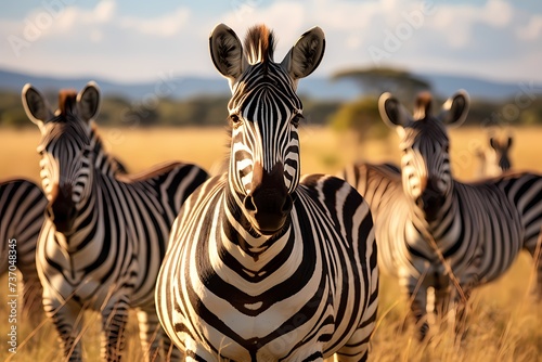 A group of zebras grazing peacefully on the grasslands, their unique black and white stripes creating a mesmerizing pattern.