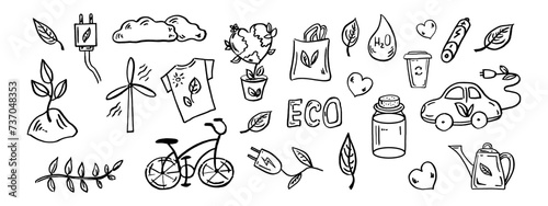 Set of ecology. Hand-drawn doodle vector illustration. Ecology problem, recycling and green energy icons. Environmental symbols.