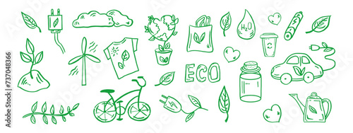 Set of ecology. Hand-drawn doodle vector illustration. Ecology problem, recycling and green energy icons. Environmental symbols.