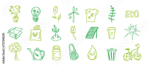 Set of ecology. Hand-drawn doodle vector illustration. Ecology problem, recycling and green energy icons. Environmental symbols.