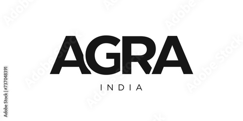 Agra in the India emblem. The design features a geometric style, vector illustration with bold typography in a modern font. The graphic slogan lettering.