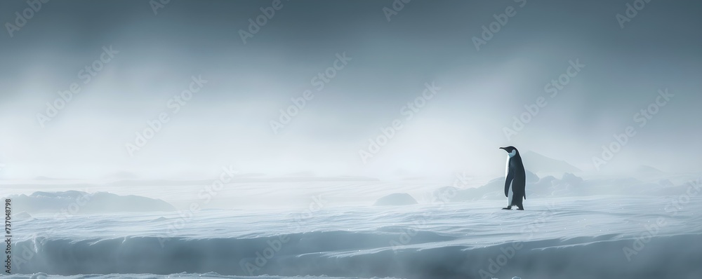 Resilient emperor penguin braves snowstorm on glacier marveling at the sea. Concept Emperor Penguin, Snowstorm, Glacier, Marveling at the Sea, Resilience - obrazy, fototapety, plakaty 