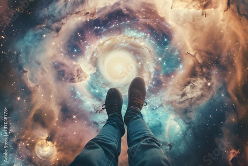 universe legs swinging into the depths of a swirling multicolored galaxy expressions filled with awe and wonder photo