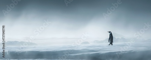 Resilient emperor penguin braves snowstorm on glacier marveling at the sea. Concept Emperor Penguin, Snowstorm, Glacier, Marveling at the Sea, Resilience photo